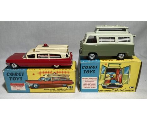 Corgi: A pair of boxed Corgi Toys, Ford Thames "Airborne" Caravan, Reference No. 420; and Superior Ambulance on Cadillac Chas