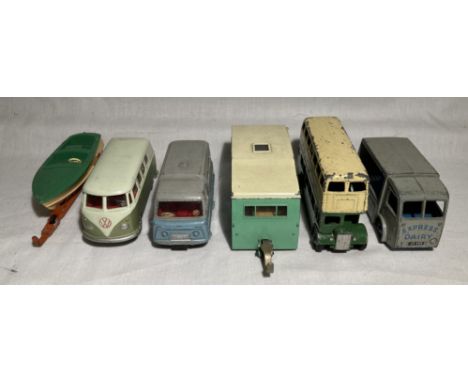 Dinky: A collection of five assorted unboxed Dinky Toys vehicles to include: Standard Atlas Mini Bus, Double Deck Bus, Carava