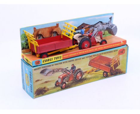 Corgi: A boxed Corgi Toys, Massey Ferguson 65 Tractor with Shovel, Driver and Tipping Trailer with Detachable Raves, Referenc