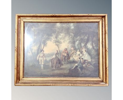 An antiquarian colour print depicting party in garden in heavy gilt frame