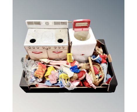 A box of 20th century Chad Valley washing machine, Mettoy tin plate range cooker, doll's clothes and accessories 