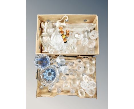 Two boxes of vintage and later glass ware, claret jugs, decanters, drinking glasses, serving plates etc 