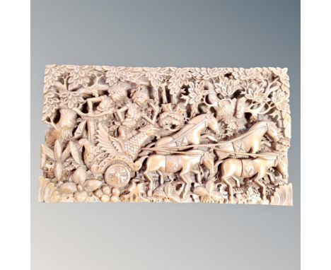 A Taiwanese carved wooden panel, 60cm by 34cm