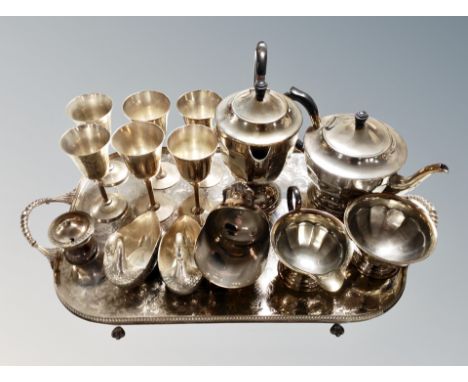 A plated twin handled serving tray together with further plates wares, four piece Deco tea service