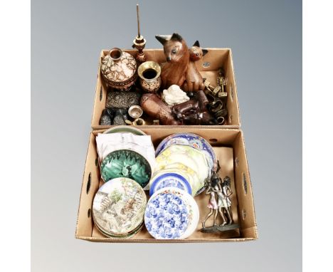 Two boxes of contemporary figurines, metal hookah pipe, cabinet and tea plates to include Royal Worcester 