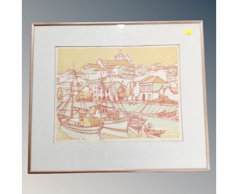 A limited edition screen print depicting boats with dwellings beyond, indistinctly signed 185/200