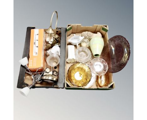 Two boxes of glass ware, lustre pottery vase, table lamps and light fittings 