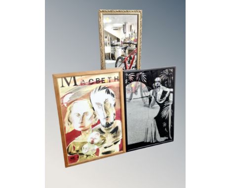A Royal Shakespeare Company Macbeth poster, Art Deco picture mirror and further hall mirror, all parts framed 