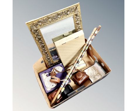 A box of brass framed mirror, dressing table brush set, sticks with badges, vintage cameras etc 