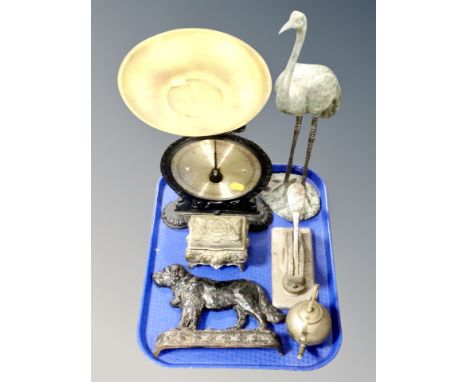 A tray of antique and later metal pieces, desk stamp, Salter 45 scale, Sintra table box, figure of a Heron, Victorian cast ir