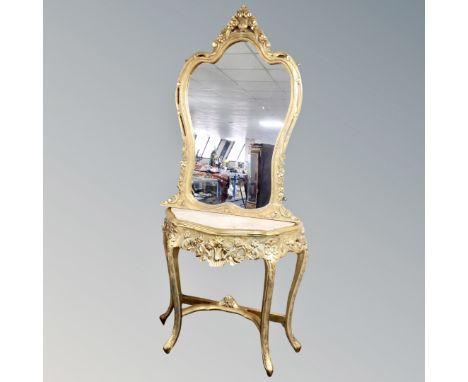 A Louis XV style gilded marble top console table with mirror 