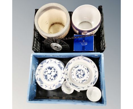 Two crates of Chinese blue and white dinner ware, ceramic and pottery planters, Royal Winton planter, in box, wrought metal f