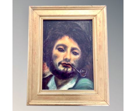 An oil on board, Portrait of a man smoking a pipe, in gilt frame 