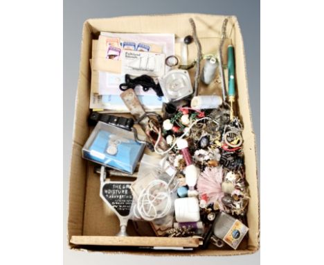 A box of Ashworth Speedy Moisture Detector, antique wrought iron boot jack, catapults, stamp collection etc 