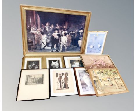 Nine assorted pictures - Dogs, antique monochrome engraving, Egyptian style print etc 