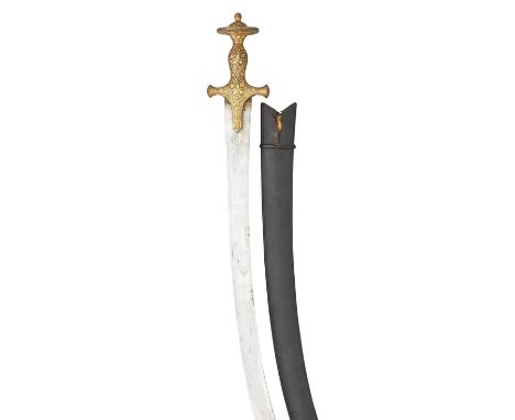 AN INDIAN SWORD (TALWAR), LATE 19TH CENTURY with curved single-edged blade, iron hilt of characteristic form comprising a pai
