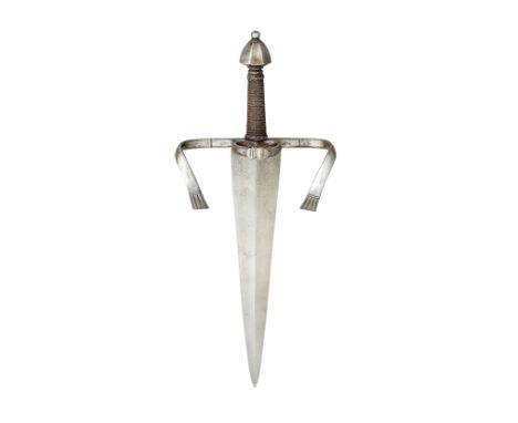 A FINE SAXON LEFT-HAND DAGGER, LATE 16TH CENTURY with broad tapering blade of flattened lozenge section and heavy iron hilt c