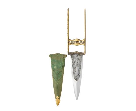 A FINE INDIAN DAGGER (KATAR), 18TH CENTURY, RAJASTHAN OR PUNJAB with triangular blade of watered steel, formed with a reinfor