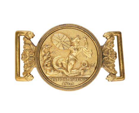 A RARE BELT BUCKLE FOR A LLOYDS PATRIOTIC FUND SWORD, CIRCA 1806 formed of two pieces of gilt-brass cast and chased in low re