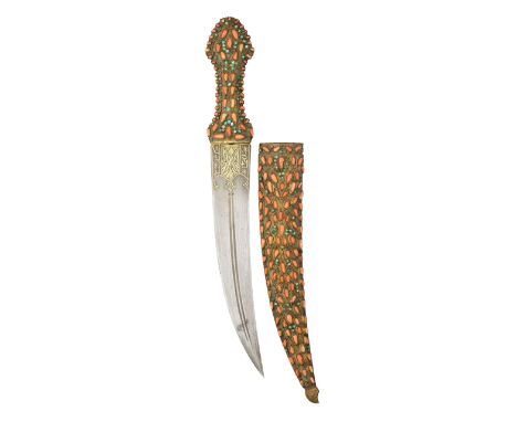 ˜AN OTTOMAN DAGGER (KHANJAR), TURKEY, 19TH CENTURY with curved double-edged blade of finely watered steel, decorated on each 