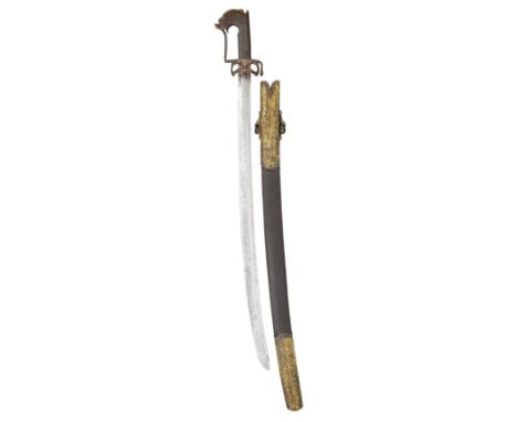 AN ARAB SWORD (NIMCHA), 19TH CENTURY with slightly curved fullered European blade double-edged at the point, struck with a ma