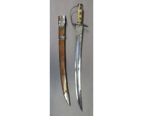 A FRENCH HUNTING SWORD, CIRCA 1780 with broad curved fullered blade, slotted iron hilt of military type, bone grip (cracked) 