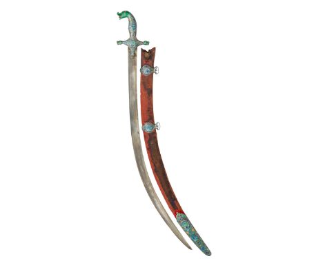 ‡ AN INDIAN SWORD WITH ENAMELLED SILVER MOUNTS (SHAMSHIR), MID-19TH CENTURY, POSSIBLY LUCKNOW with curved blade of finely wat