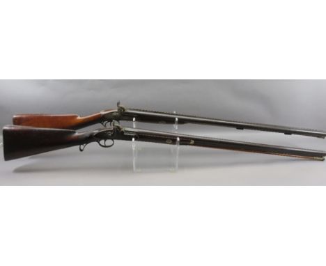 A 12 BORE D.B. PERCUSSION SPORTING GUN SIGNED MANTON, LONDON, BIRMINGHAM PROOF MARKS, MID-19TH CENTURY AND A 10 BORE SPORTING