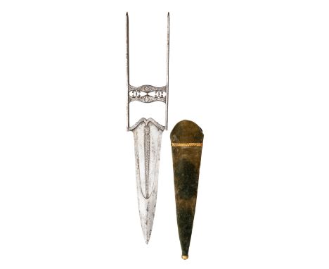 AN INDIAN DAGGER (KATAR), LATE 18TH CENTURY with strongly tapering blade formed with a reinforced tip, a pair of broad fuller