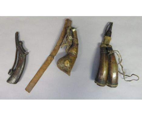 THREE INDIAN FLASKS, 19TH CENTURY the first of anatomical form, incised with exotic birds on the outer face; the second forme
