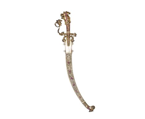 ‡ A FINE GOLD-AND SILVER-MOUNTED GARNET-ENCRUSTED SHORT SWORD (KASTANE), SRI LANKA, 19TH CENTURY with short curved single-edg