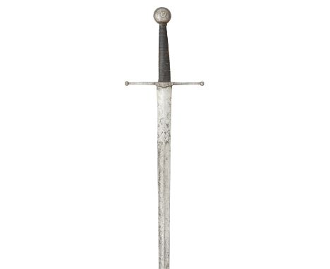 A EUROPEAN BASTARD SWORD, CIRCA 1500 with straight two-edged blade tapering uniformly to an obtuse point (reshaped) and forme