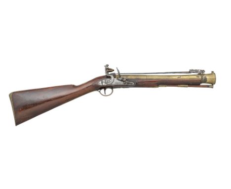 A FLINTLOCK BLUNDERBUSS BY T. RICHARDS, LONDON PROOF MARKS, CIRCA 1780 with three-stage brass barrel belled at the muzzle, st