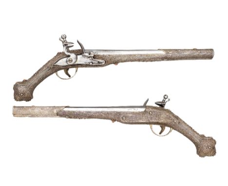 ‡ A PAIR OF 18 BORE SILVER-MOUNTED BALKAN FLINTLOCK HOLSTER (KUBUR) PISTOLS, EARLY 19TH CENTURY, PROBABLY PRIZREN with taperi