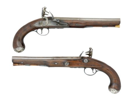 VARIOUS OWNERS A PAIR OF 18 BORE ENGLISH FLINTLOCK HOLSTER PISTOLS BY OAKES, CIRCA 1780 with rebrowned barrels signed over th