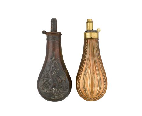 AN EMBOSSED COPPER POWDER-FLASK BY JAMES DIXON AND ANOTHER, MID-19TH CENTURY the first decorated with a trophy-of-game and si