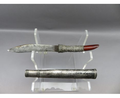 A SIAMESE (THAI) SILVER-MOUNTED DAGGER (KRICH), 19TH CENTURY with broad single-edged blade, chased silver hilt decorated with