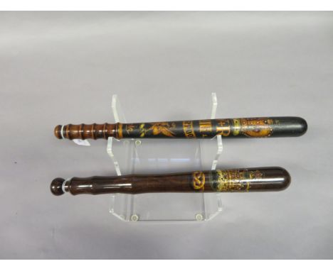 TWO TRUNCHEONS, THE FIRST WILLIAM IV, LIVERPOOL AND THE SECOND VICTORIAN, STAFFORDSHIRE each of turned hardwood and painted i