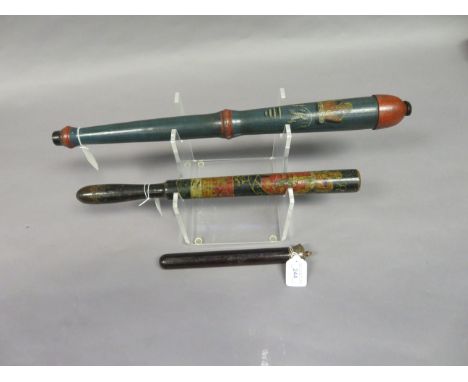 A WILLIAM IV TRUNCHEON AND ANOTHER, LATER, THE FIRST DATED 1832, AND A VICTORIAN TIPSTAFF each of turned hardwood and painted