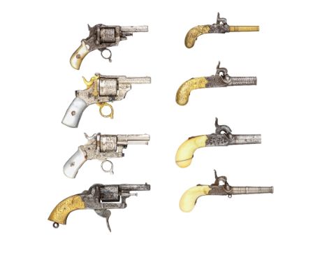 ‡ A GROUP OF EIGHT MINIATURE FIREARMS, 20TH CENTURY Including two percussion pocket pistols with blued barrels and engraved b