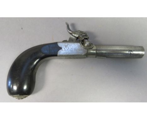 A 40 BORE FRENCH PERCUSSION POCKET PISTOL BY JALABERT LAMOTTE, ST ETIENNE, CIRCA 1840 with etched twist sighted rifled barrel