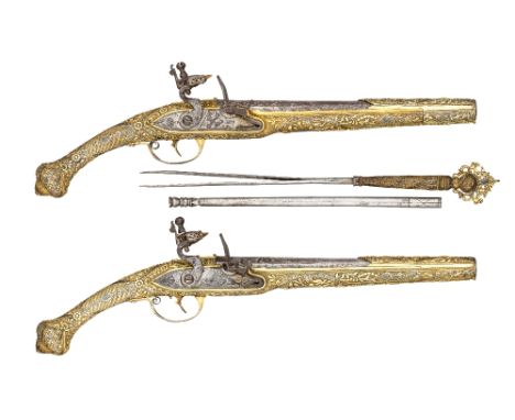 ‡ A FINE PAIR OF 20 BORE GREEK FLINTLOCK HOLSTER (KUBUR) PISTOLS, BOKA KOTORSKA, DATED 1829 with tapering barrels inlaid with