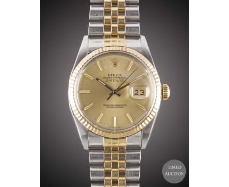 A GENTLEMAN'S STEEL &amp; GOLD ROLEX OYSTER PERPETUAL DATEJUST BRACELET WATCH
CIRCA 1985, REF. 16013 WITH CHAMPAGNE DIAL
Move