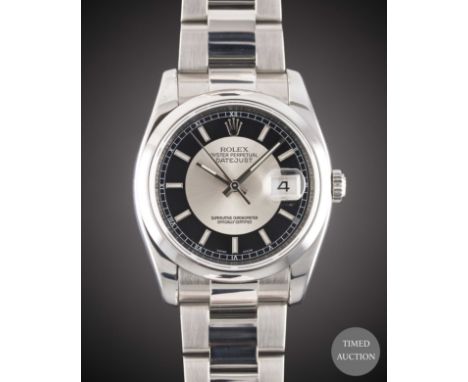 A GENTLEMAN'S STAINLESS STEEL ROLEX OYSTER PERPETUAL DATEJUST BRACELET WATCH
CIRCA 2006, REF. 116200 WITH "BULLS EYE" DIAL &a