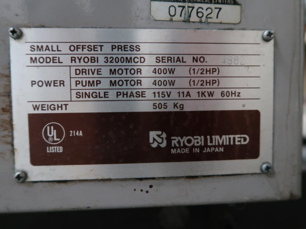 Ryobi Model 3200 MCD Off Set Printing Press, Serial No. 4982, 1-Color w ...