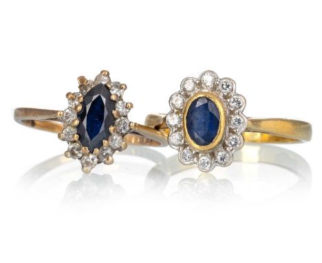 TWO SAPPHIRE AND DIAMOND CLUSTER RINGS, one in nine carat gold, the other eighteen, size J 1/2 and K 1/2Qty: 9k = 1.8g, 18k =