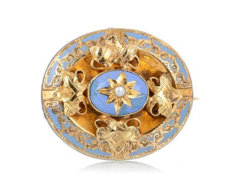 EIGHTEEN CARAT GOLD VICTORIAN ENAMELLED MOURNING BROOCH, with light blue enamel decoration, unmarked