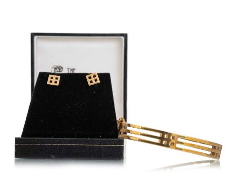 RENNIE MACKINTOSH GOLD BANGLE AND PAIR OF EARRINGS,  each of typical design, the bangle in nine carat gold, the earrings mark