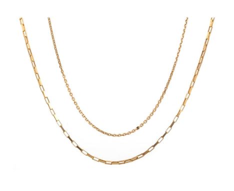 TWO GOLD CHAINS AND A BANGLE, one chain and bangle marked for nine carat gold, the other chain marked 14KQty: 9k = 10g gross,