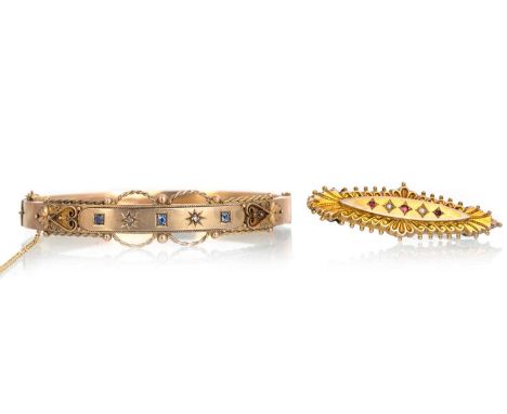 VICTORIAN BANGLE AND BAR BROOCH, the bangle set with sapphires and diamonds, along with a ruby and seed pearl bar brooch, eac